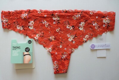 M&S Orange Lace Thong Size 22 Flame No Show Finish -image