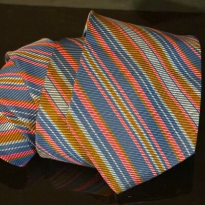 Dior Mid Century Modern Neckwear Tie 100% All Silk Neon Orange Blue ink Brown-image