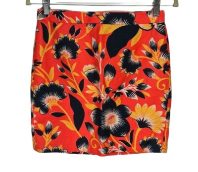 J.Crew Orange Floral Mini Pencil Skirt Mid Rise Women Size 00 Back Zip Up-image
