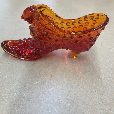 Vintage Fenton Glass Cat Head Shoe Slipper Hobnail Red Orange Mid-Century Deco -image