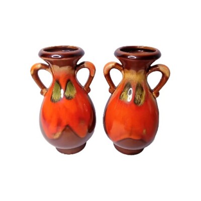 RETRO VASES 2 vintage pair orange brown drip glaze 15.5cm Mid Century Modern 70s-image