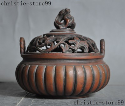 Marked Old China Buddhism Prayer joss Bronze Loong Dragon Incense burner Censer-image