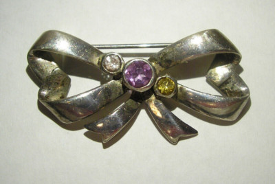 Vintage Sterling Silver Bow Brooch Pin w/Purple Orange Gemstones Mid Century 925-image