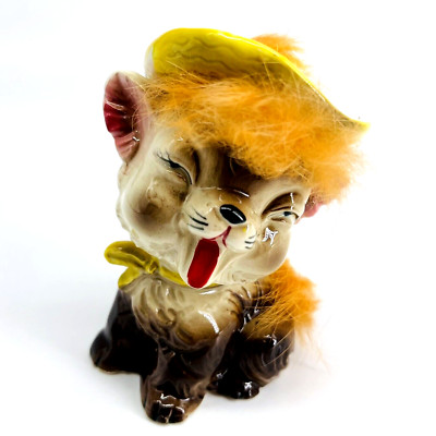 VINTAGE MID-CENTURY CERAMIC ANTHROPOMORPHIC KITTEN-ORANGE RABBIT FUR HAT-KITSCH-image