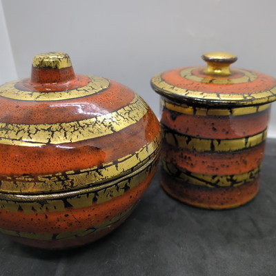 BITOSSI ITALY POTTERY MCM DISH Mid Century Orange Brown Gold Container Jar w/Lid-image