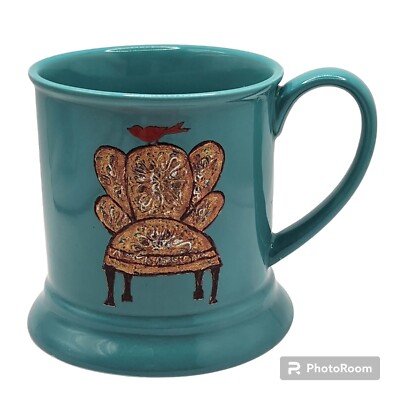 Little e Studio Creative Co-op Turquoise Coffee Cup Mug Red Bird On Chair 14 Oz-image