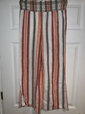 Indigo Rein Pants Womens S Small Orange Mid-Rise Striped Smocked Beachwear Linen-image