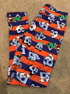 LulaRoe OS Halloween Leggings Orange Witch, Vampire, Skull Striped NWOT VTG-image