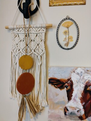 CREATIVE CO-OP BOHEMIAN Brass Hanging Wall Medallion Gold Red Rock Rope Medium-image