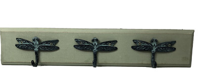 Creative Co-op Dragonfly 3 Hook Rack Light Green Crackle Wall Plaque Home Decor-image