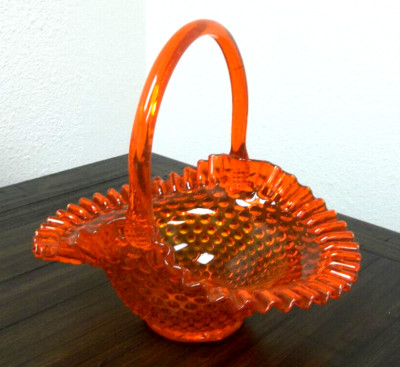 Vintage/Mid Century Fenton Large Orange Hobnail Decorative Art Glass Basket-image
