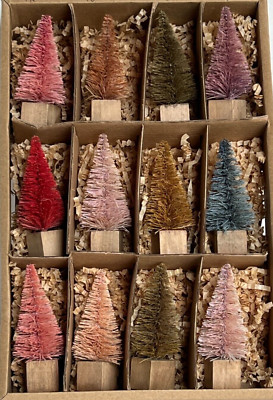 Creative Co-Op Set 12 Bottle Brush Trees Wood Base Mauves Browns 3 1/4