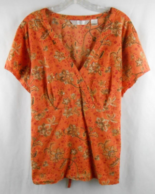 ALC Womens Size 2X Orange Paisley Light Floral Mid Tie Top Made in India-image