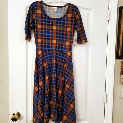 ⭐⭐LuLaRoe S Orange Blue Plaid Mid Length Nicole Dress NWT-image