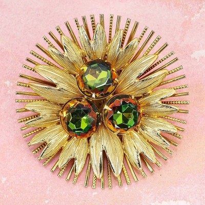 Large Mid Century Starburst / Flower Brooch Dichroic Green / Orange Glass Stones-image