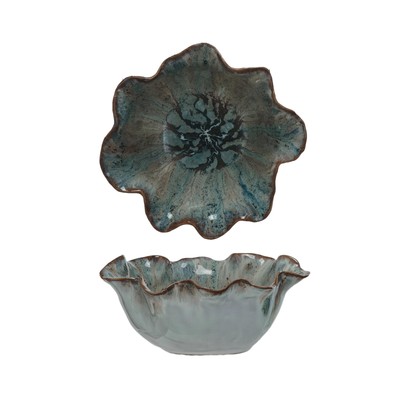 Round Bowl with Speckled Design and Scalloped Edge, Blue and White-image