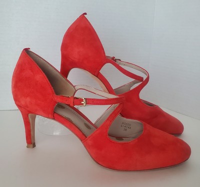 Boden Vanessa Red Orange Suede Crisscross Strap Mid Heel Size 38/7-image