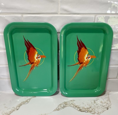 Two Vintage Green Metal Trays Featuring Bright Orange Parrot-Mid Century Design-image