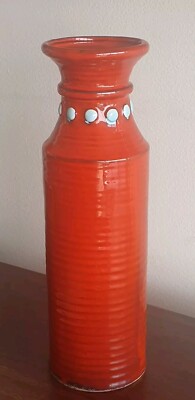 Mid Century Orange & Turquoise Pottery Ceramic Vase  - 24.5cm-image
