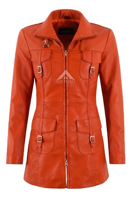 Ladies Zip up Leather Jacket Orange Mid Length Slim Fit Style Casual Jacket Coat-image