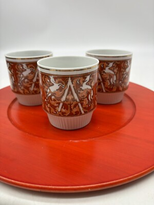 3 Unicorn Stacking Coffee Mugs, White & Orange, China Tapestry MCM Mid Century-image