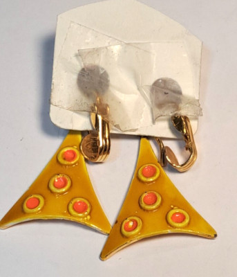 Vtg Mid-Century Modern Earrings Dangle Clip On Yellow/ orange Enamel - goldtone-image
