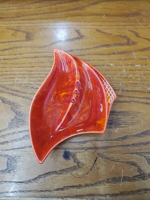 Mid Century Bright Red Orange Ashtray Dish Hand Painted Lava Glaze Ceramic VTG-image