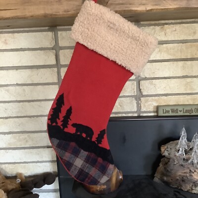 Creative Co-op Red Fleece Plaid Christmas Stocking Bear Trees Forest Shearling-image