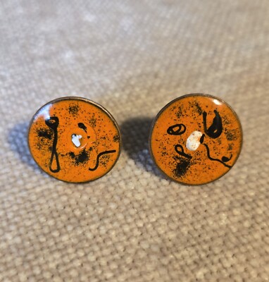 Mid Cent Modernist Abstract Enamel Cufflinks Copper Tone Orange Black Large READ-image