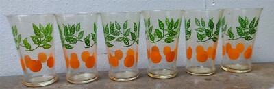 Vintage Set of 6 Mid Century Rim Clear Green Leaf Clear Orange Kitchen Glasses-image
