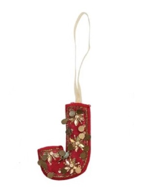 Creative Co-Op Monogram Initial Red Velvet Beaded Ornament Letter 