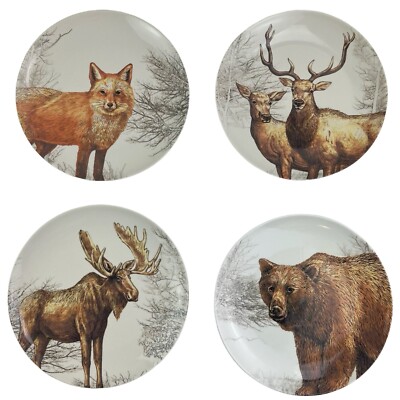 Tim Coffey Creative Co-Op Salad Plates Set of 4 Bear Elk Fox Moose Wildlife 8