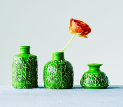 Set Of 3 Small Clay Creative Co-Op Green Bud Vases  Leaf Engraving Vintage Look-image