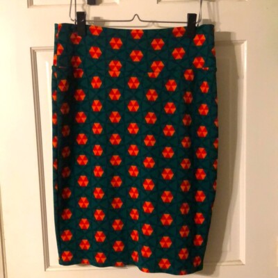 LulaRoe Medium Green and Orange Geometric Print Cassie Stretch Pencil Skirt-image
