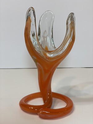 Vintage Hand Blown Art Glass Orange Vase Mid-Century Swirl Coil Base-image