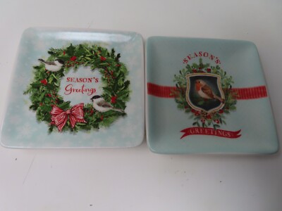 Creative Co-Op 4.25 Inch Square Plate Lot 2 Birds Christmas Season's Greetings-image