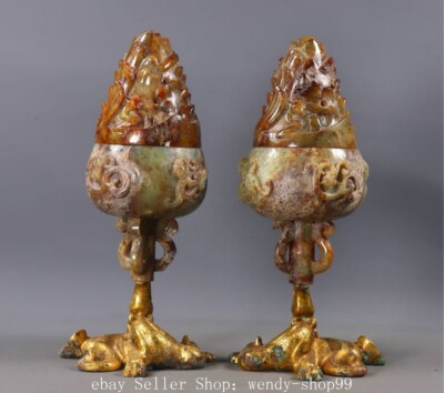 Copper 24 K Gold Hetian Jade Dragon Beast Boshan Joss Incense Burner Censer Pair-image