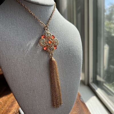 Mid-Century Orange /Pink Rhinestone Gold Tone Tassel Statement Necklace Fabulous-image