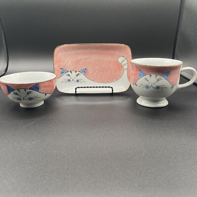 Creative co-op grumpy cat plate, cup soup bowl three-piece set kitten/cat-image