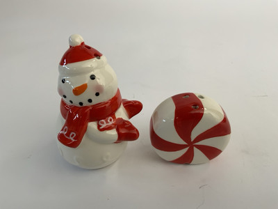 Creative Co-op,  Snowman & Peppermint Candy Christmas Salt & Pepper Set-image