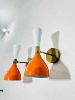 1950s Mid Century Brass orange and White Wall Sconce Pair Italian Adjustable-image