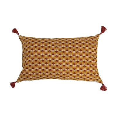 Cotton Slub Lumbar Floral Pattern and Tassels Pillow, 26