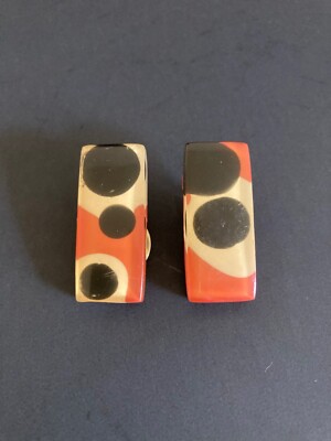Vintage Polka Dot Lucite Acrylic Clip-On Earrings Red Orange Black Mid Century-image