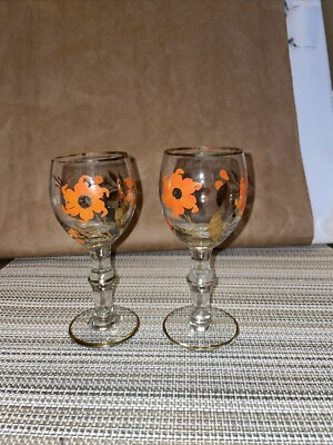 CORDIAL GLASSES  2  Vintage Mid Century Hand Painted , Orange Floral Gold Trim-image