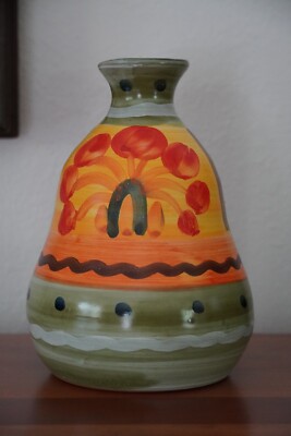 Retro Floral Studio Pottery Vase Orange Yellow Green Abstract Hand Painted Italy-image