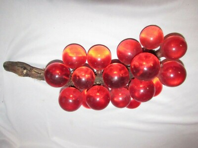 VTG MID CENTURY ORANGE LUCITE ACRYLIC GRAPE CLUSTERS WIRED ON DRIFTWOOD-image