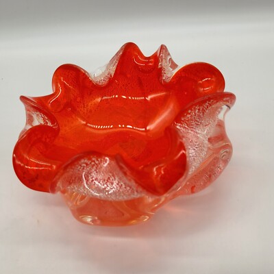 Mid Century Modern Murano Style Orange Argento Silver Ashtray Dish Vintage-image