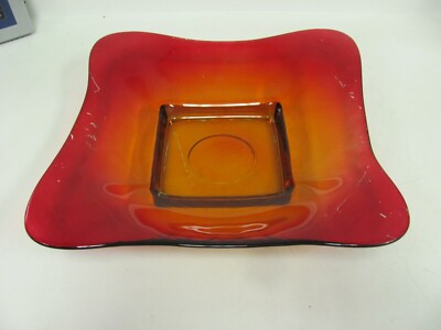 Vintage MCM Red Orange Glass Square Bowl Tray Plate 13
