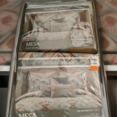 2 New Bedford Manor MESA Euro Shams 26x26 Blue Tans Red Machine Washable Cotton-image
