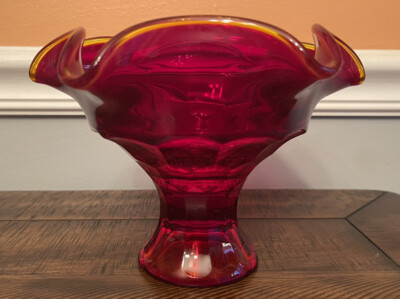 VINTAGE VIKING GLASS RUFFLED RUBY RED FOOTED COMPOTE w/ ORANGE YELLOW TRIM-image